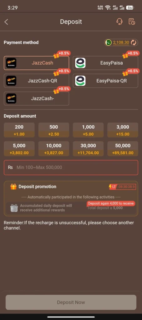 Deposit in HC777 Game